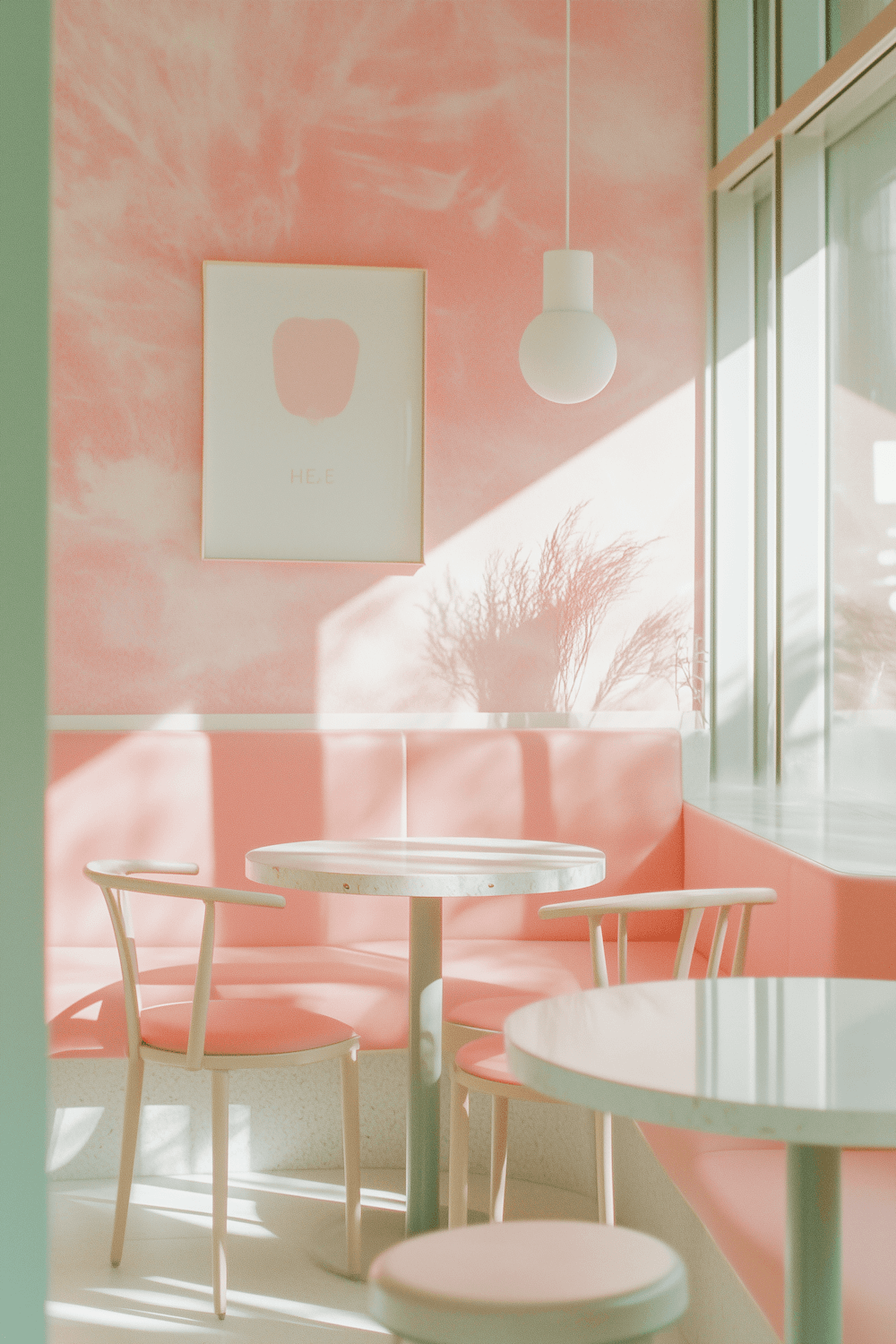 Sunlit cafe corner with blush pink seating and round tables