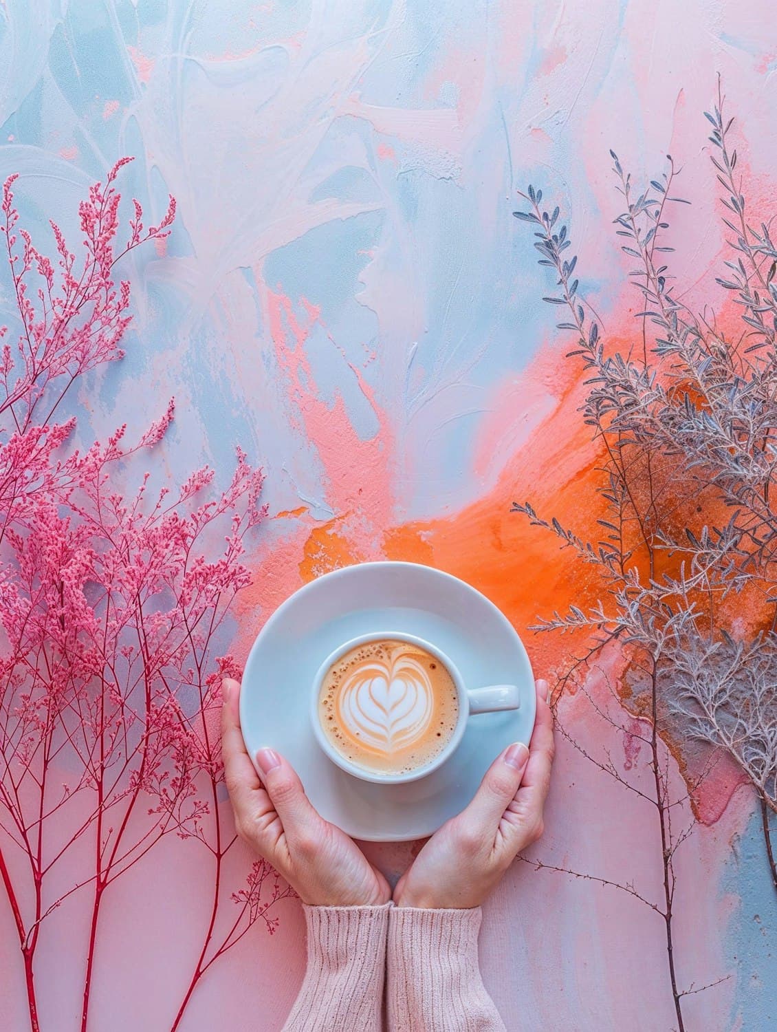 Latte with heart-shaped latte art held in two hands