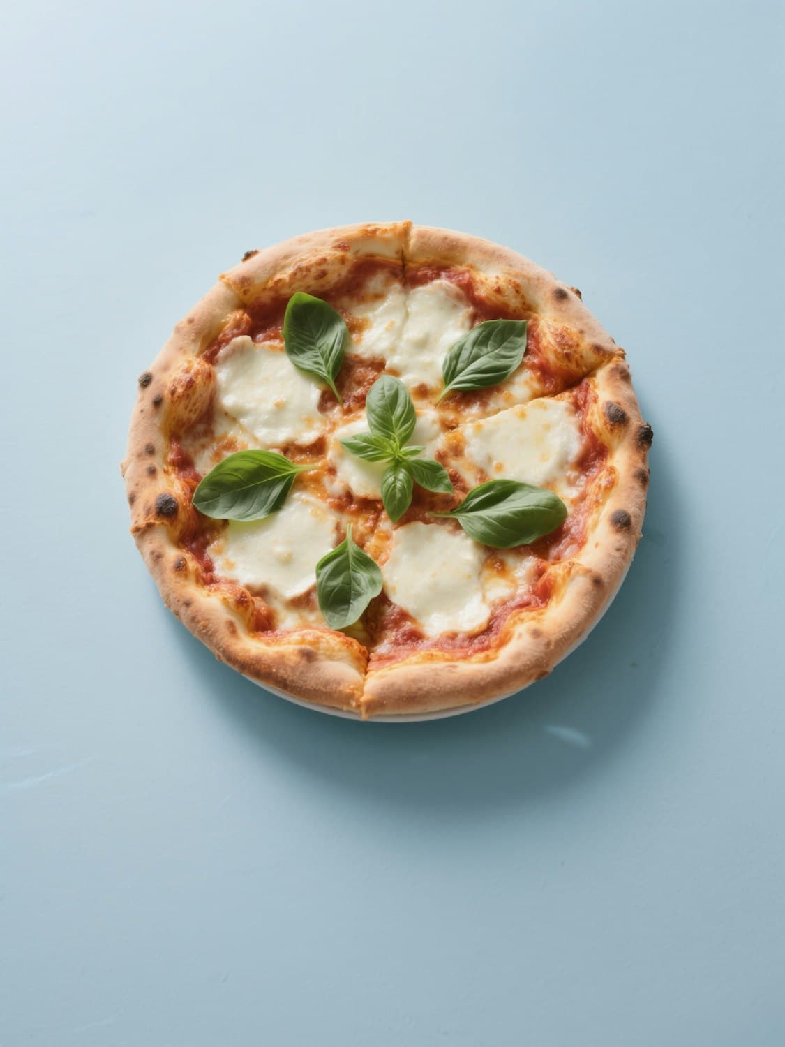 Cheese pizza topped with fresh basil leaves