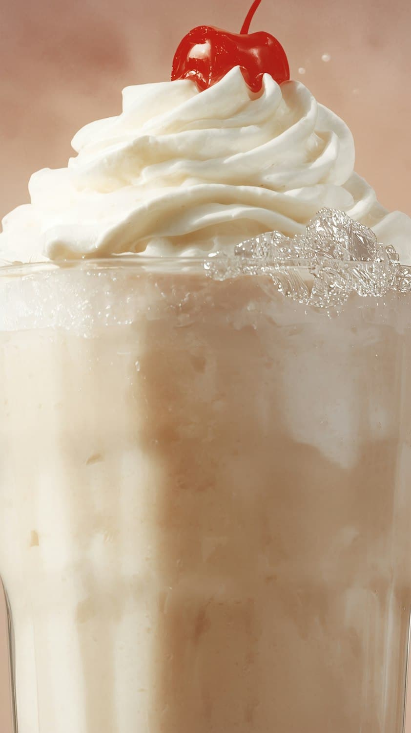 Milkshake topped with whipped cream and a cherry