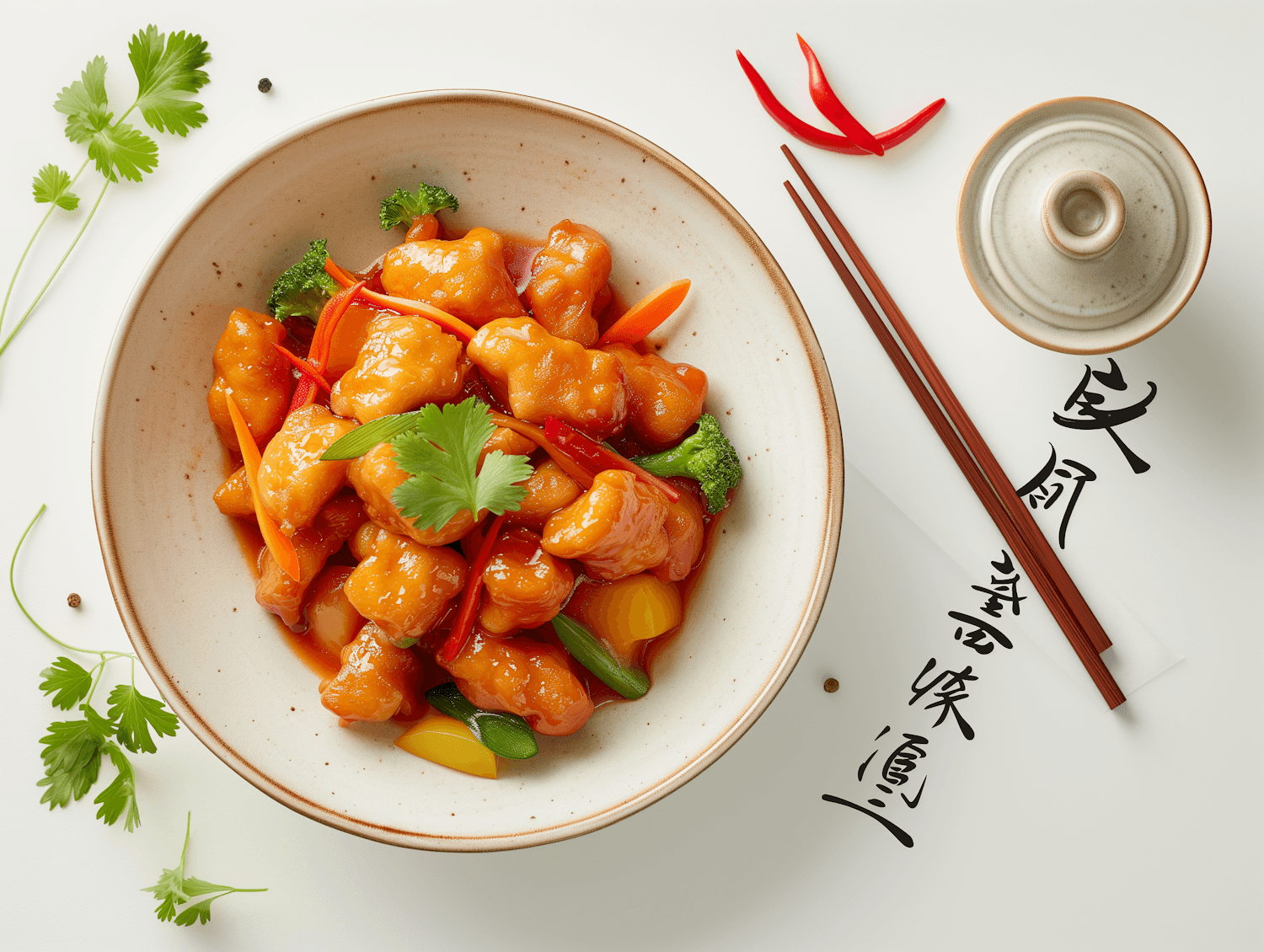 Bowl of saucy chilli chicken with peppers